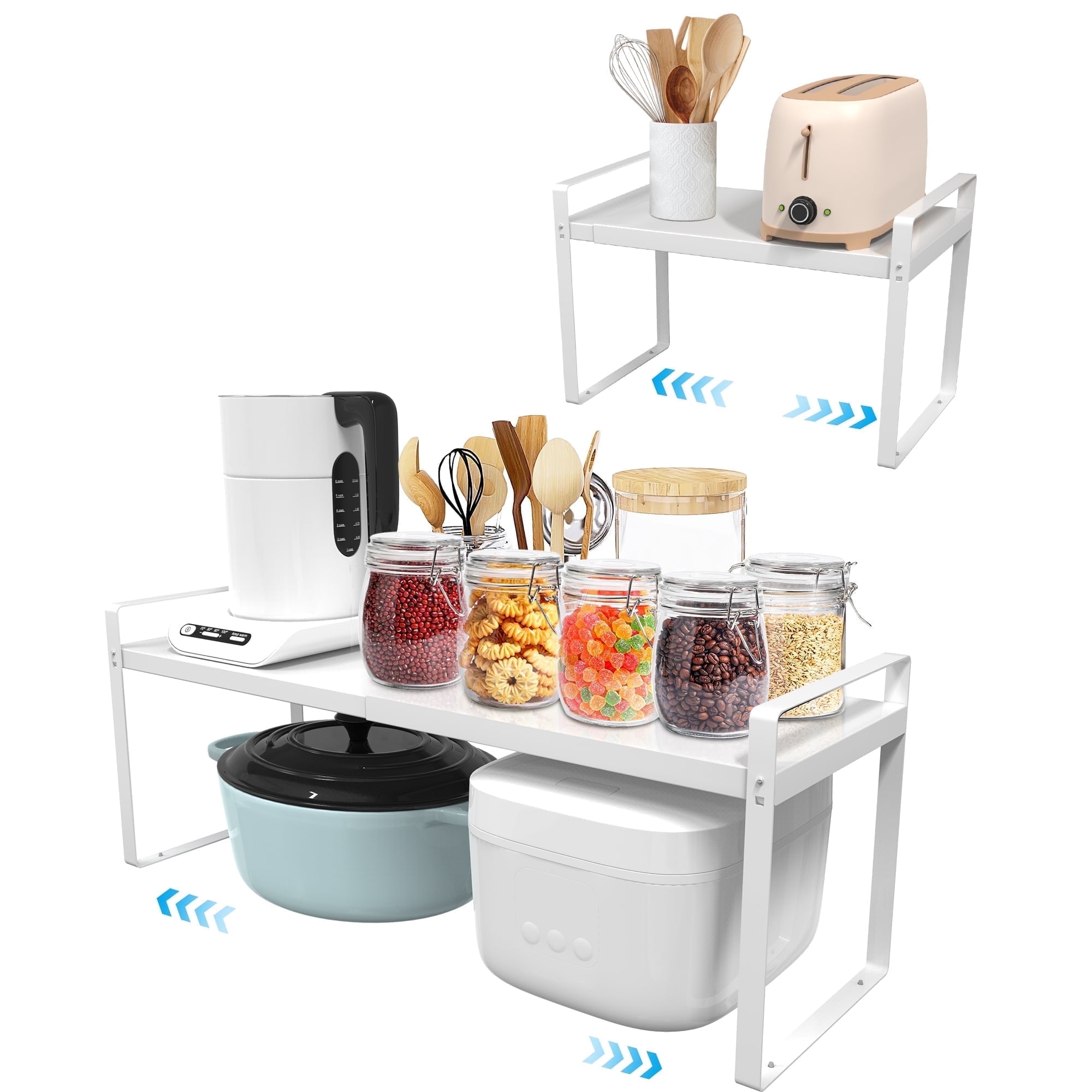 Kusmil Expandable Cabinet Shelf Organizer Storage Rack Space Riser for Kitchen Bathroom Office Heavy Duty Nonslip, L14.1-23.6'' x W8.6'' x H10.2'', White, 1 Pack