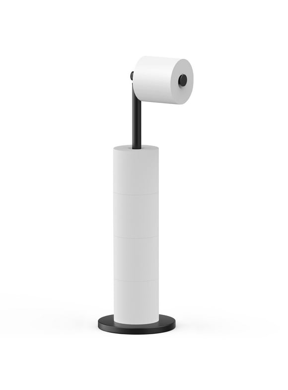 Kusmil Free Standing Toilet Paper Holder Stand, Black Toilet Paper Holder Stainless Steel Rustproof Tissue Roll Holder Floor Stand Storage for Bathroom