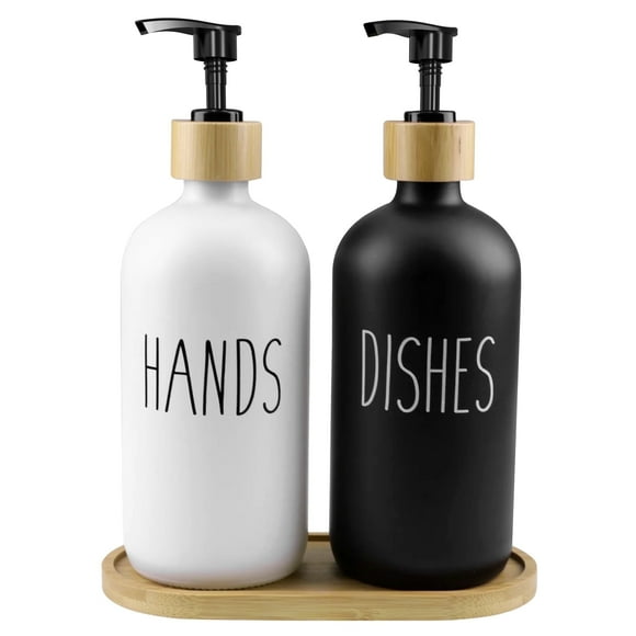 Kusmil Glass Soap Dispenser Set, Contains Hand Soap and Dish Soap Dispenser(Black & White)