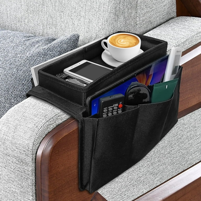 Black Clip-On Couch Arm Tray With Slide-Away Cup Holder - Sofa Side Table For Drinks, IPad, Remote