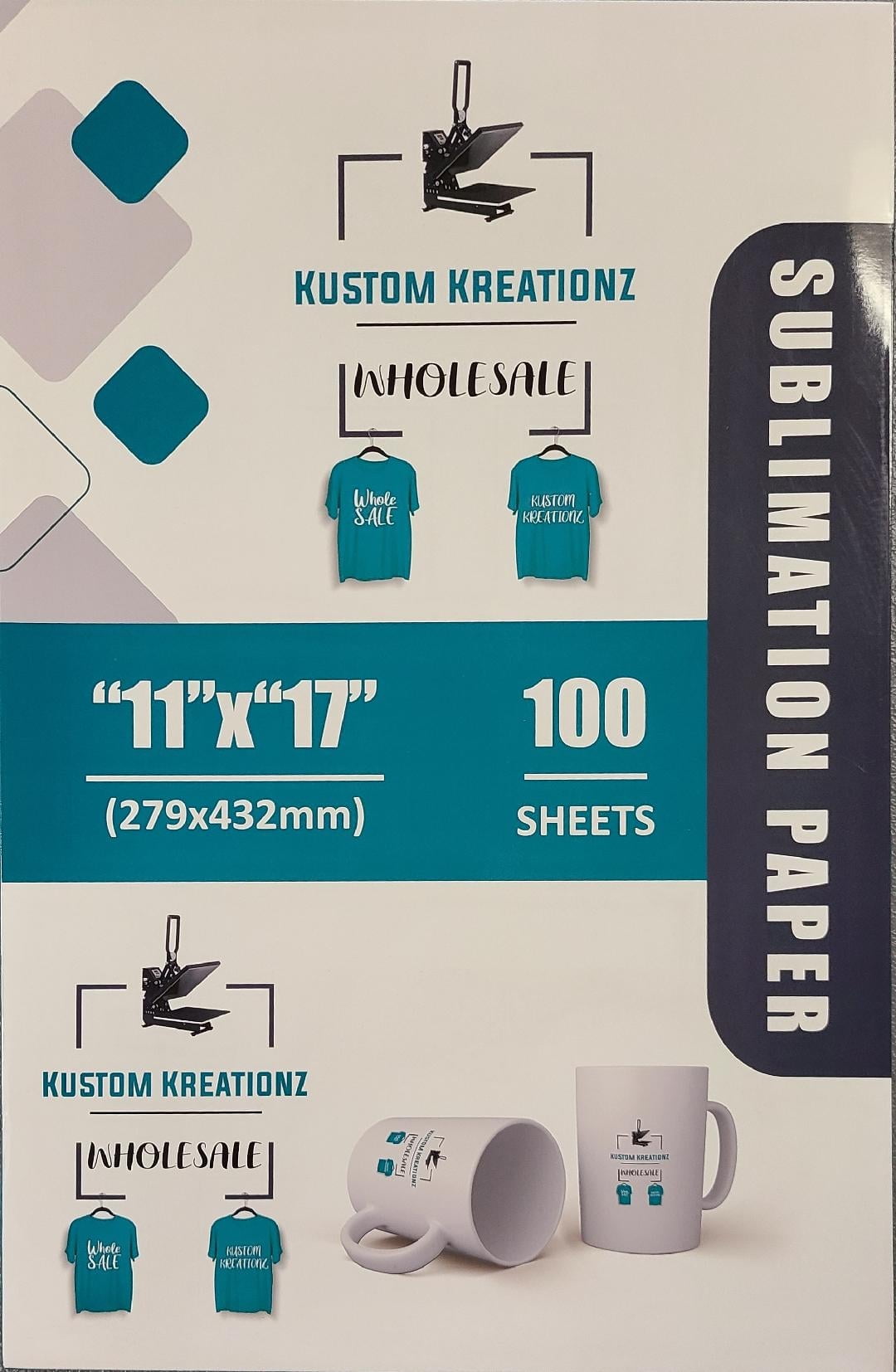 Kustom Kreationz Sublimation Paper 11x17 | 100 Sheets Sublimation Paper for T-shirts, Tumblers, Mugs Paper