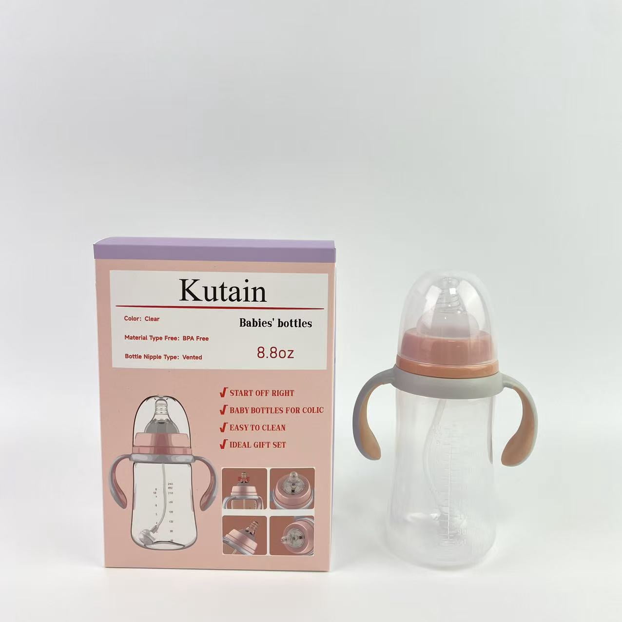 Kutain Babies' bottles,Bottle with Natural Response Nipple, Wide Neck Bottles with Handle, Clear (8.8oz)