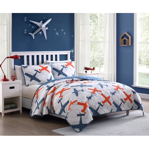 Kute Kids 2-Piece Ultra Soft Airplane Multicolor Microfiber Reversible Quilt Set, Twin