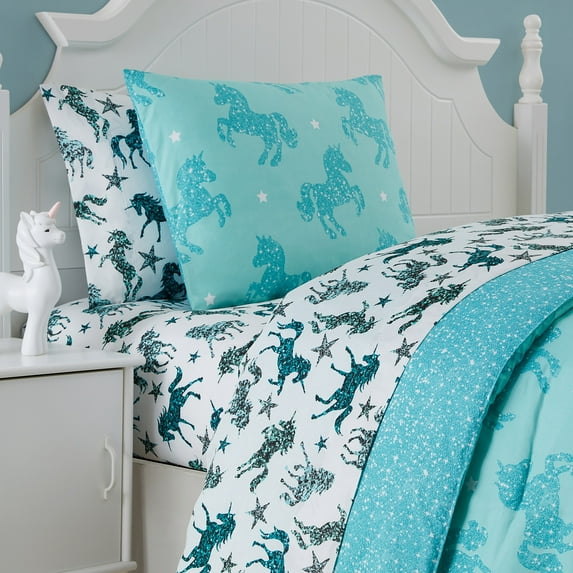 Kute Kids 3-Piece Ultra Soft Glitter Unicorn Aqua Microfiber Woven Sheet Set, Toddler
