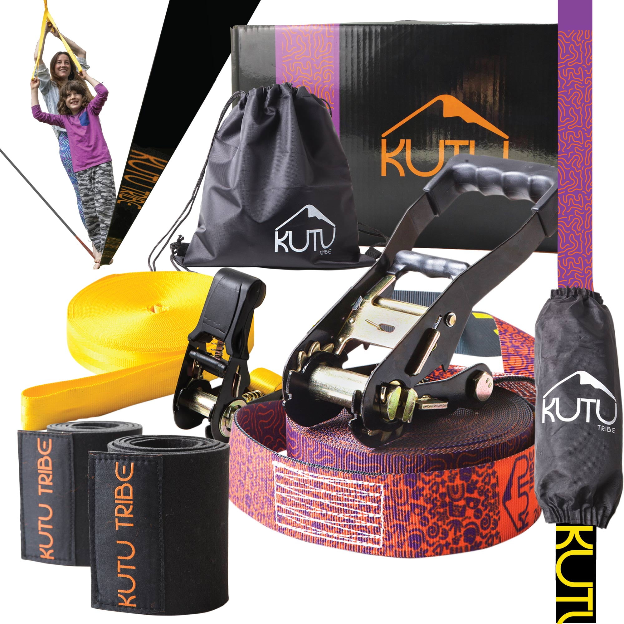 Kutu Tribe Fun Slackline Kit 60 feet Slack Line for Adults and Kids with  Training Line