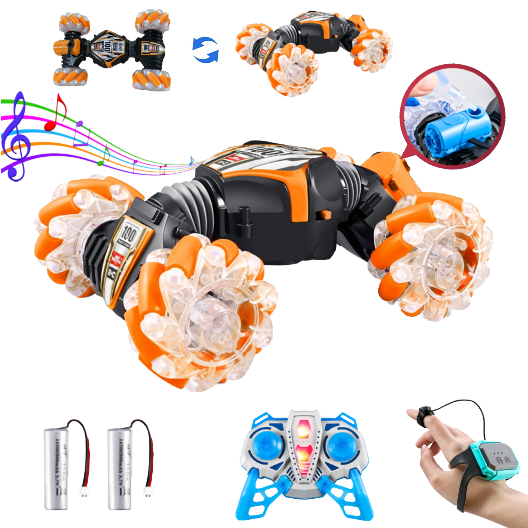 Kuty Juzi 360° Rotating RC Stunt Car with Music and Light, Remote Control Drifting Car Toy with Tail Gas Spray for Christmas Gift(Orange-Transparent)