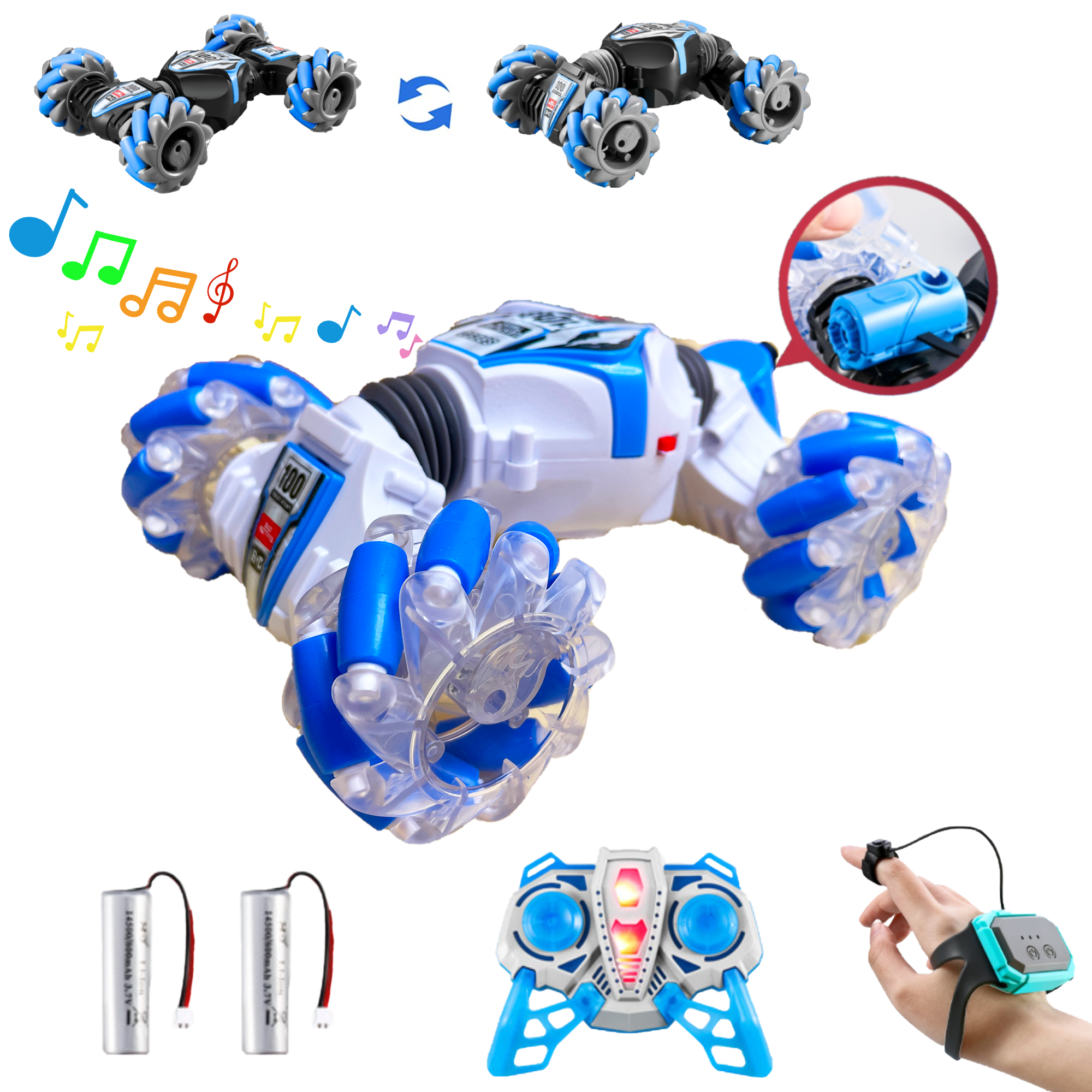 Kuty Juzi Watch Controlling RC Stunt Car with Spray Light and Music, 4-Wheel-Drive Off Road Twisting Car Toy Gift(White-Transparent)