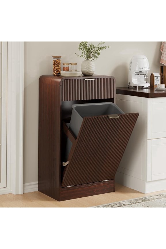 10 Gallons Tilt-Out Trash Can Cabinet, Fluted Laundry Hamper Cabinet with Drawers, Freestanding Pet Proof Hidden Garbage Recycling Cabinet for Kitchen, Living Room, Dark Walnut