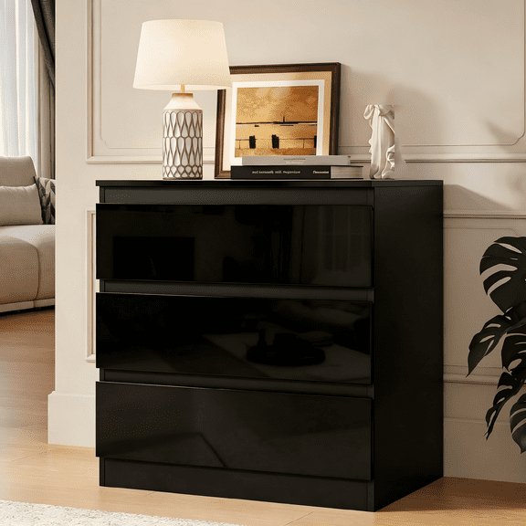 Kuublock 3 Drawer Black Dresser, Modern Storage Cabinet for Bedroom, Chest of Drawers Wood Organizer for Living Room