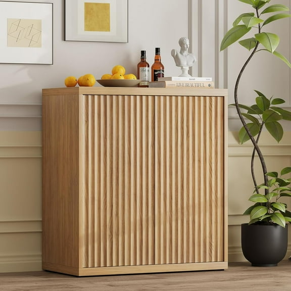 Kuublock 31” Sideboard Cabinet with Storage, Fluted Accent Cabinet with Adjustable Shelves, Modern Wood Credenza Cabinets with Pop-up Doors for Entryway Kitchen Living Room Hallway, Oak