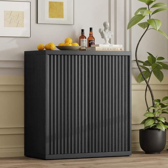 Kuublock 31” Sideboard Cabinet with Storage, Fluted Accent Cabinet with Adjustable Shelves, Modern Wood Credenza Cabinets with Pop-up Doors for Entryway Kitchen Living Room Hallway, Black
