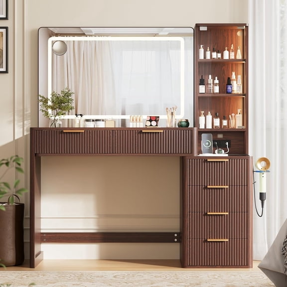 Kuublock 48" Fluted Vanity Desk with 36" LED Lighted Mirror, Glass Top Makeup Vanity Table with 6 Drawers & Adjustable Shelves, Modern Dressing Table with Charging Station for Bedroom, Dark Walnut