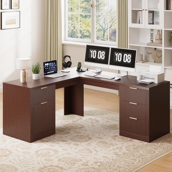 Kuublock 69" Executive L Shaped Desk, Wood Corner Executive Computer Desk with Power Outlets & Storage Drawers, Large Office Desk Workstation for Home, Dark Walnut