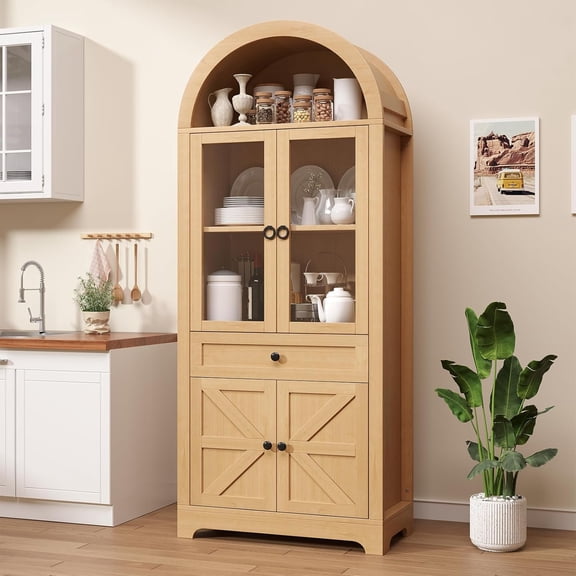 Kuublock 71” Tall Arched Pantry Cabinet with Glass Door, Display Cabinet Organizer with Barn Door & Drawer, Versatile Pantry Container for Kitchen, Living Room, Dining Room, Natural