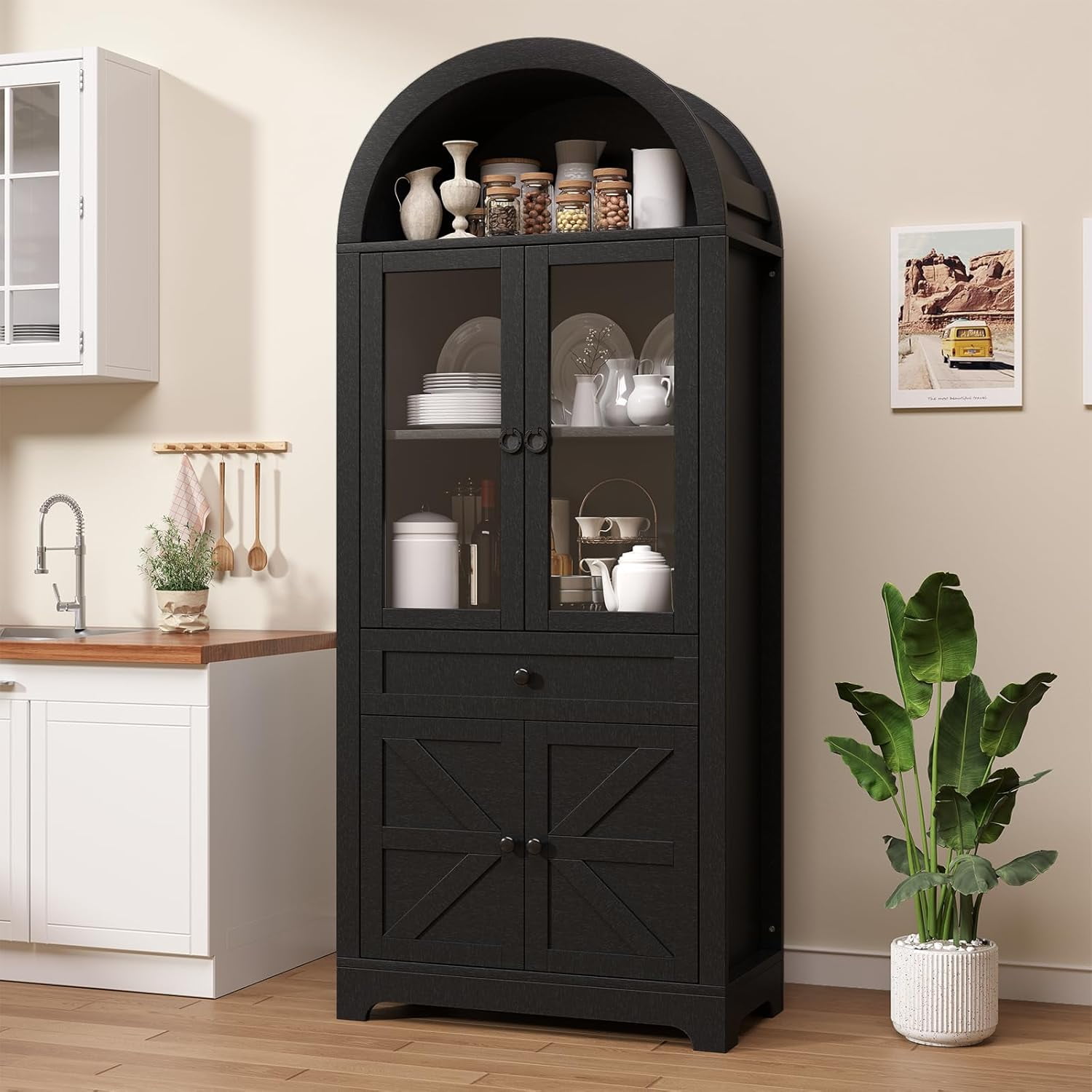 Kuublock 71” Tall Arched Pantry Cabinet with Glass Door, Display Cabinet Organizer with Barn Door & Drawer, Versatile Pantry Container for Kitchen, Living Room, Dining Room, Black
