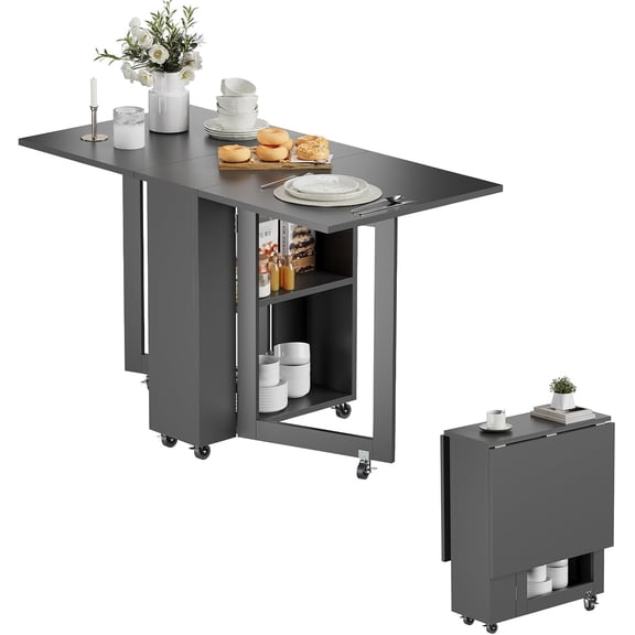 Kuublock Folding Dining Table with 2 Storage Racks, Space Saving Dining Table with 6 Wheels, Kitchen Table for Small Spaces