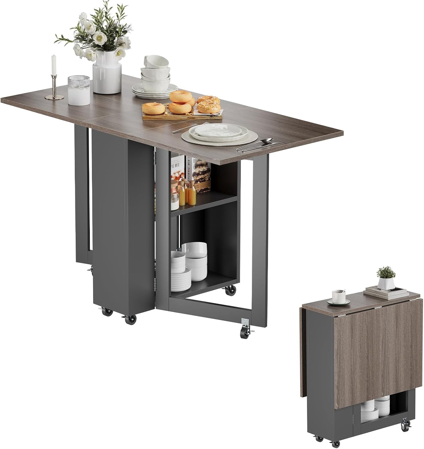 Kuublock Folding Dining Table with 2 Storage Racks, Space Saving Dining Table with 6 Wheels, Kitchen Table for Small Spaces