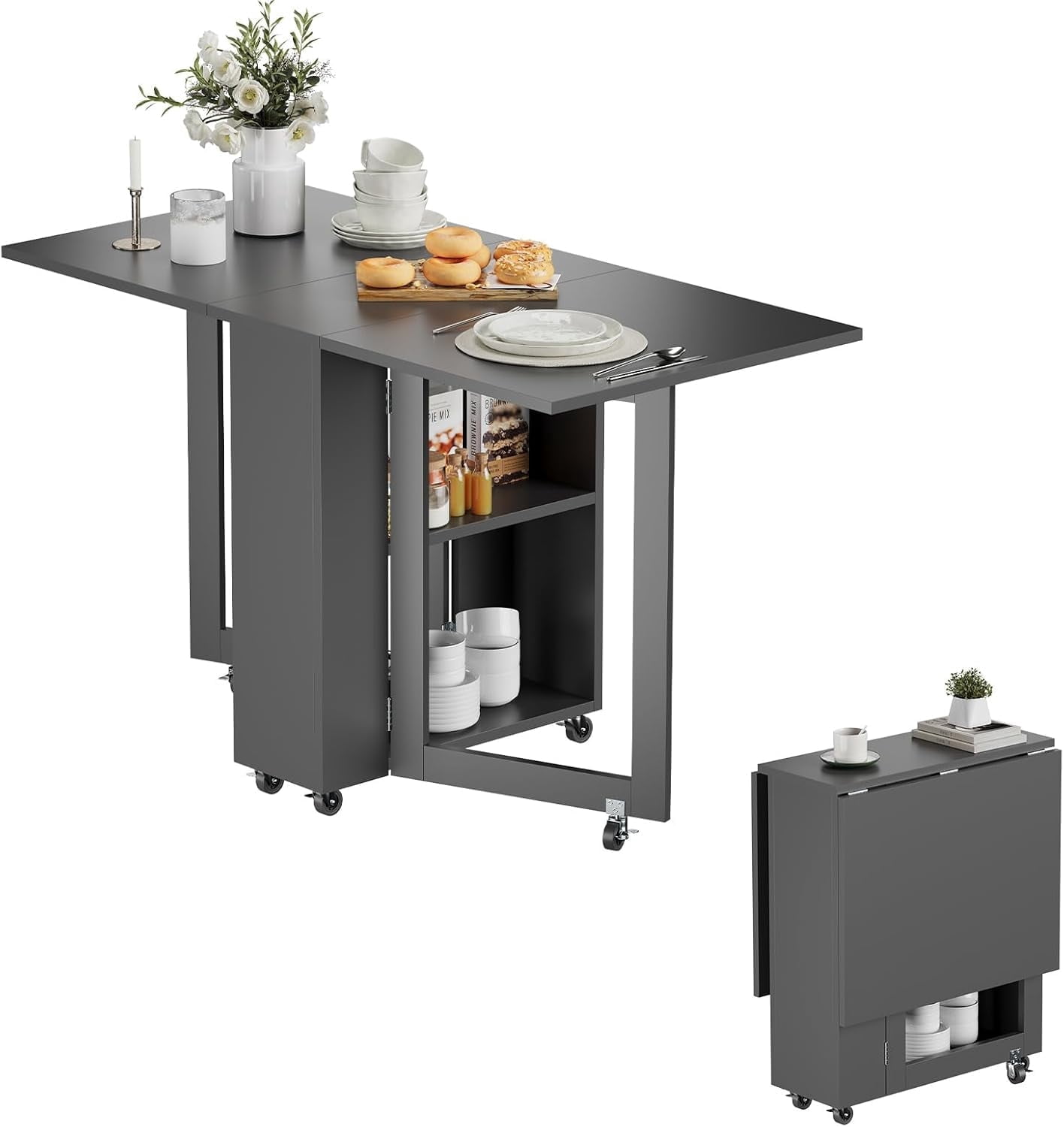 Kuublock Folding Dining Table with 2 Storage Racks, Space Saving Dining Table with 6 Wheels, Kitchen Table for Small Spaces
