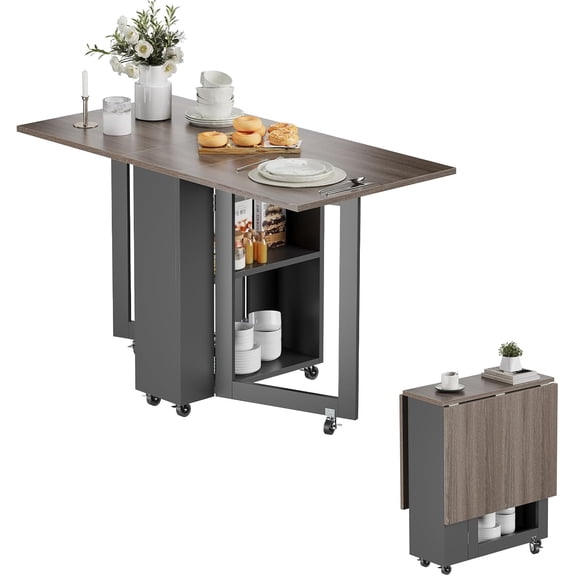 Kuublock Folding Dining Table with 2 Storage Racks, Space Saving Dining Table with 6 Wheels, Kitchen Table for Small Spaces