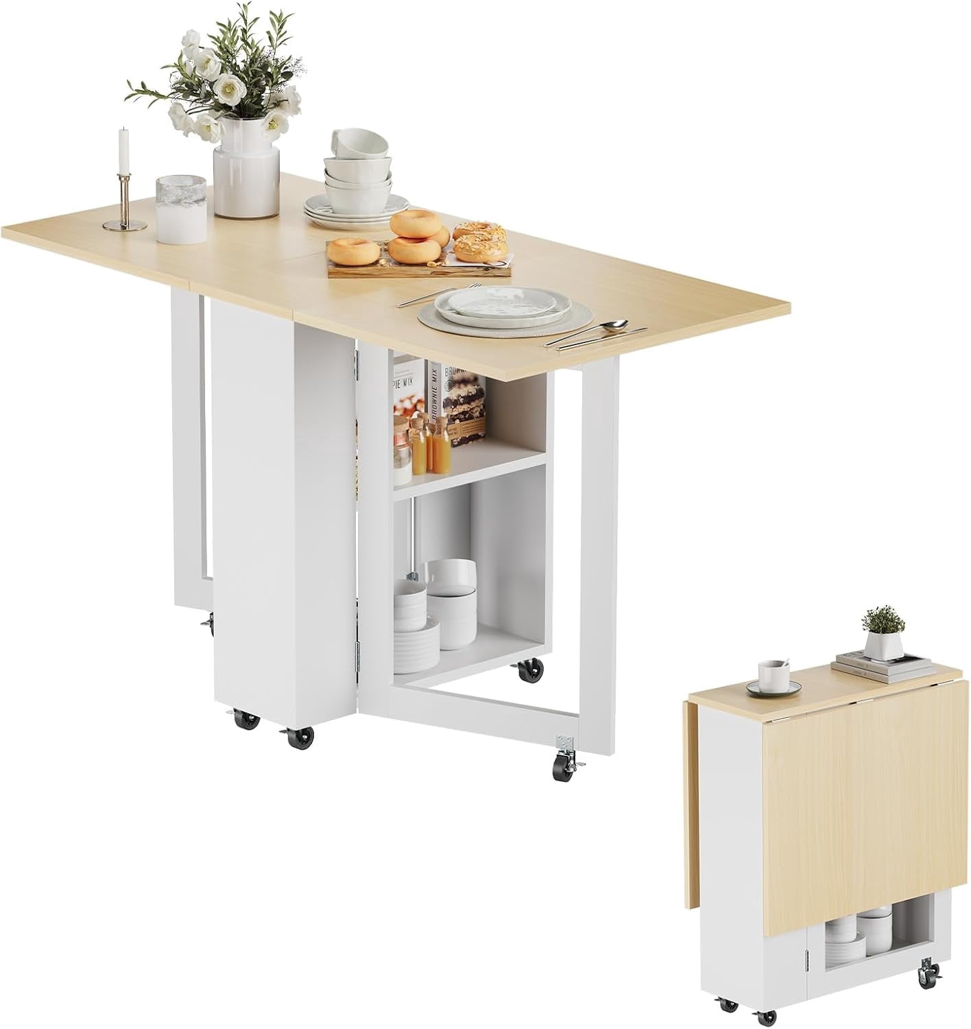 Kuublock Folding Dining Table with 2 Storage Racks, Space Saving Dining Table with 6 Wheels, Kitchen Table for Small Spaces