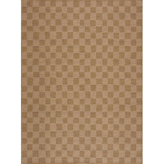 BoutiqueRugs Kuval Contemporary Checkered Area Rug - Modern Minimalist Geometric Carpet for Living Room, Patio, Terrace - Outdoor Safe - Tan, Dark Brown, Dark Beige - 2' x 2'11"