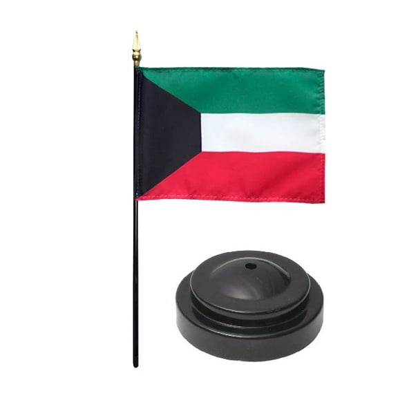 Kuwait Desk Flag with Base; American Made Rayon 4x6 inch Miniature Table Set Includes One Small Mini Country Stick Flags and One Black Stand (Kuwait Desk Flag and Base)