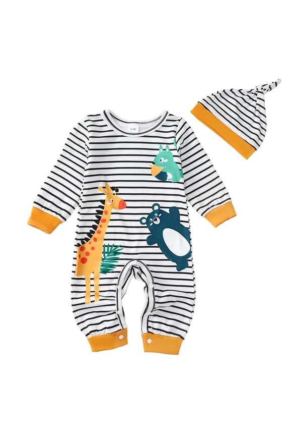 Kuxnuzki Infant Baby Boys Bodysuits 12-18 Months Baby Boys Winter Clothes Round Neck Long Sleeves Romper Striped One-piece Bear Giraffe Print Overalls with Hat 2pcs Blue