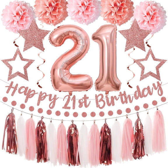 Kuxriox 13Pcs 21st Birthday Decorations for Girls, Pink Gold Happy 21st Birthday Banner and Balloons, Glittery 21 Year Old Bday Tissue Pompoms, Circle Dots Garland, Tassel Garland Party Supplies Y114