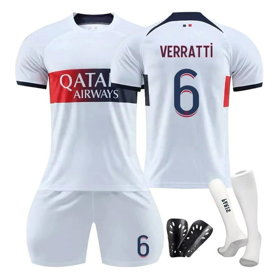 KuyuS 2324 Paris Soccer Club Jerseys 4 Piece Sets, Number 6 VERRATTI Printed Short Sleeve Shirts Shorts Soccer Training Uniform with Socks and Kneepads, PSG Away Game Soccer Suits for Adults, 6/2XL