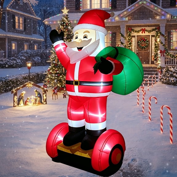 Kuzcoce Christmas Inflatables 7FT Lighted Santa on Scooter with Gift Bag, Blowup Christmas Decoration with LED Lights for Holiday/Party/Xmas/Yard/Garden Decorations