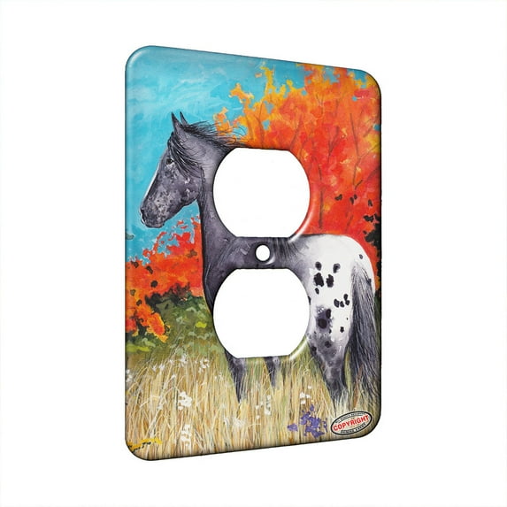 KuzmarK™ 1 Gang AC Outlet Wall Plate - Black Blanket Appaloosa in Autumn Horse Art by Denise Every