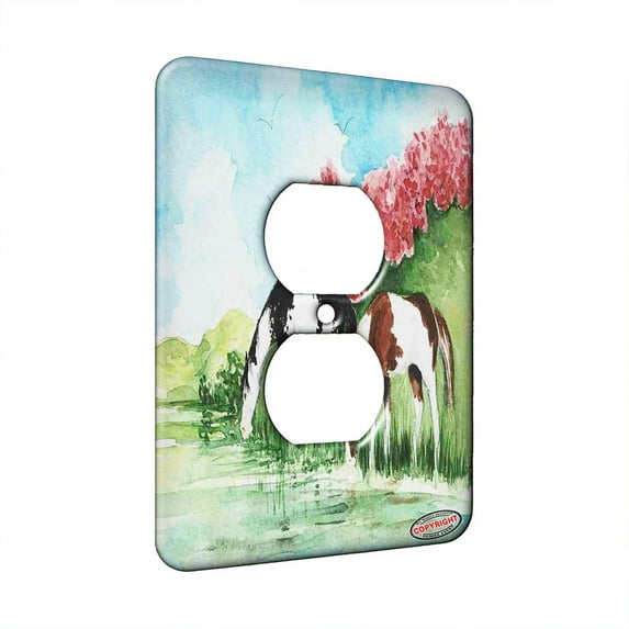KuzmarK™ 1 Gang AC Outlet Wall Plate - Black and Sorrel Pinto Horses in Spring Horse Art by Denise Every