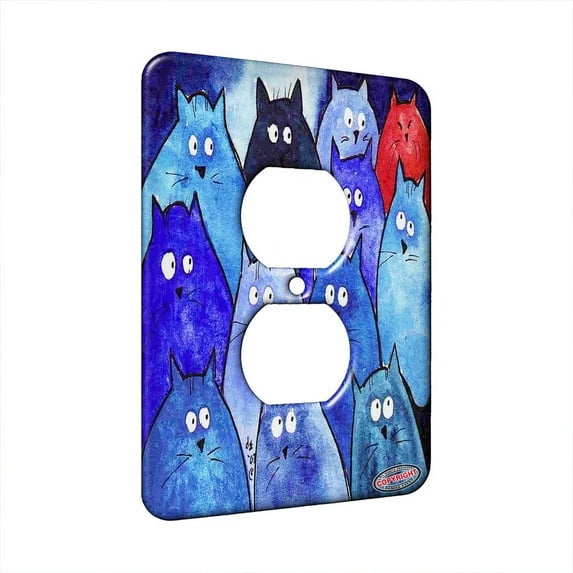 KuzmarK™ 1 Gang AC Outlet Wall Plate - Blue Kitties Stranger in Town Abstract Cat Art by Denise Every