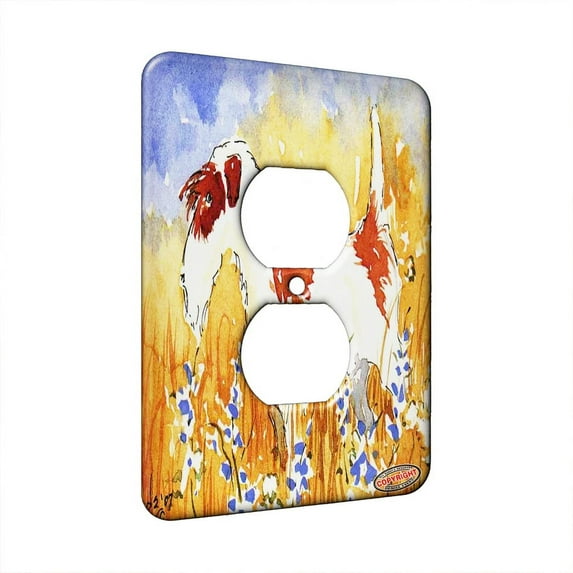 KuzmarK™ 1 Gang AC Outlet Wall Plate - Brown Wire Hair Fox Terrier with Summer Wildflowers Abstract Dog Art by Denise Every
