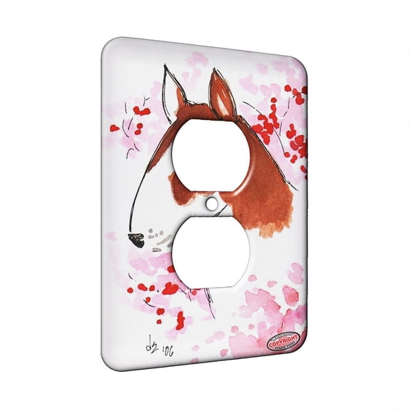KuzmarK™ 1 Gang AC Outlet Wall Plate - Colored Bull Terrier with Cherry Blossoms Abstract Dog Art by Denise Every