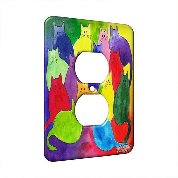 KuzmarK™ 1 Gang AC Outlet Wall Plate - Colorful Kitties Rainbow Colors Abstract Cat Art by Denise Every
