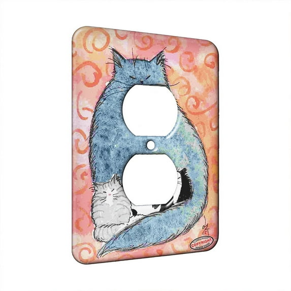 KuzmarK™ 1 Gang AC Outlet Wall Plate - Maine Coon Kitties Mama and Kittens on Pink Swirls Cat Art by Denise Every