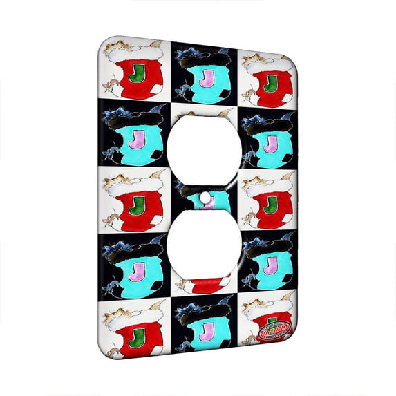 KuzmarK™ 1 Gang AC Outlet Wall Plate - Maine Coon Kitty and Mouse JOY Set Christmas Stocking Cat Pattern Art by Denise Every