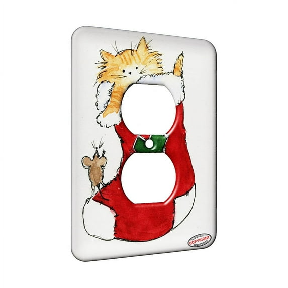 KuzmarK™ 1 Gang AC Outlet Wall Plate - Maine Coon Kitty and Mouse JOY Set Christmas Stocking Y Cat Art by Denise Every