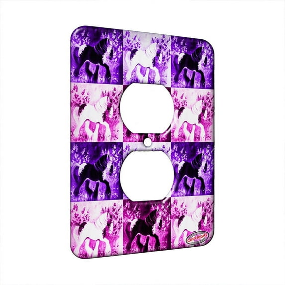 KuzmarK™ 1 Gang AC Outlet Wall Plate - Piebald Gypsy Cob with Lilacs and Violets Horse Pink Pattern Art by Denise Every