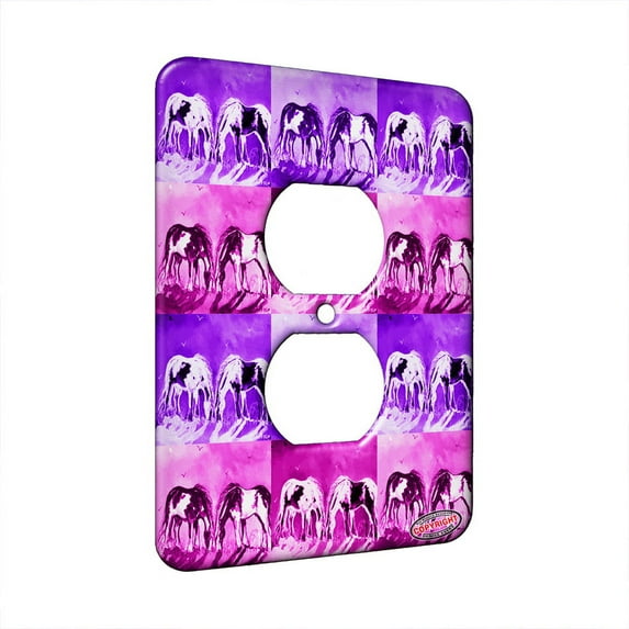 KuzmarK™ 1 Gang AC Outlet Wall Plate - Piebald Gypsy Horses at Sundown Horse Pink Pattern Art by Denise Every
