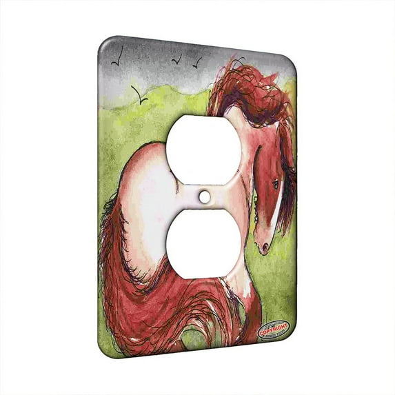 KuzmarK™ 1 Gang AC Outlet Wall Plate - Strawberry Roan Gypsy Cob Stormy Day Horse Art by Denise Every