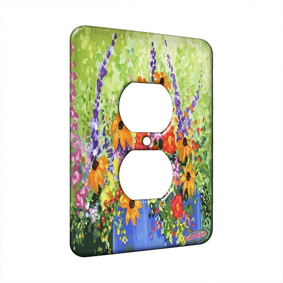 KuzmarK™ 1 Gang AC Outlet Wall Plate - Summer Flowers in Blue Pot Art by Denise Every