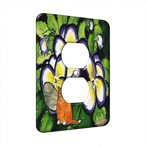 KuzmarK™ 1 Gang AC Outlet Wall Plate - Tiny Ginger Kitty Fairy with Pansies Fantasy Fairy Cat Art by Denise Every