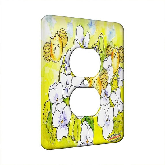 KuzmarK™ 1 Gang AC Outlet Wall Plate - Tiny Tiger Kitty Fairies with White and Lavender Pansies Fantasy Cat Art by Denise Every