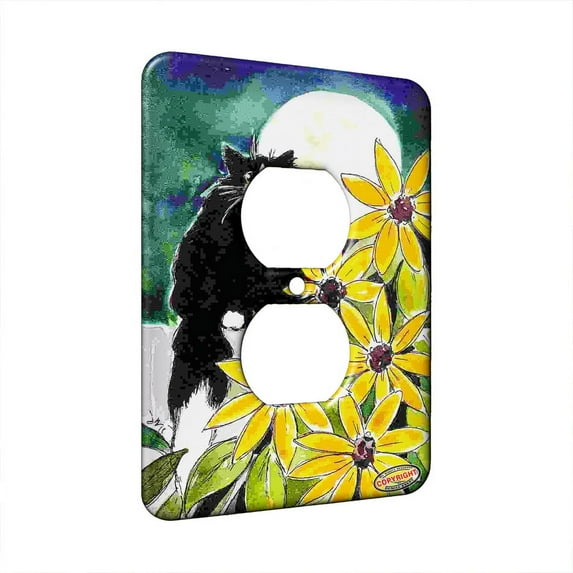 KuzmarK™ 1 Gang AC Outlet Wall Plate - Tuxedo Maine Coon Kitty with Sunflowers Cat Art by Denise Every