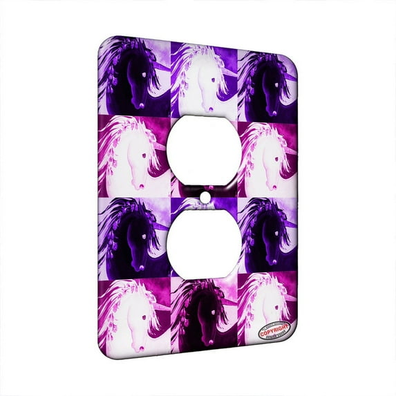 KuzmarK™ 1 Gang AC Outlet Wall Plate - Unicorn with Yellow Roses Fantasy Horse Pink Pattern Art by Denise Every
