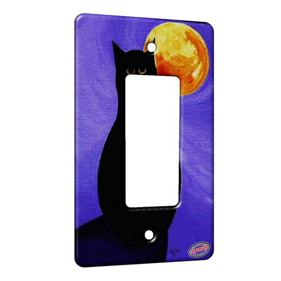KuzmarK™ 1 Gang Rocker Wall Plate - Black Cat with Full Moon Abstract Cat Art by Denise Every