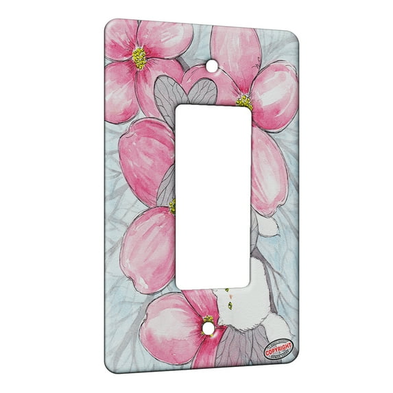 KuzmarK™ 1 Gang Rocker Wall Plate - Silver Chincilla Persian Kitty Fairies with Pink Dogwood Fantasy Cat Art by Denise Every