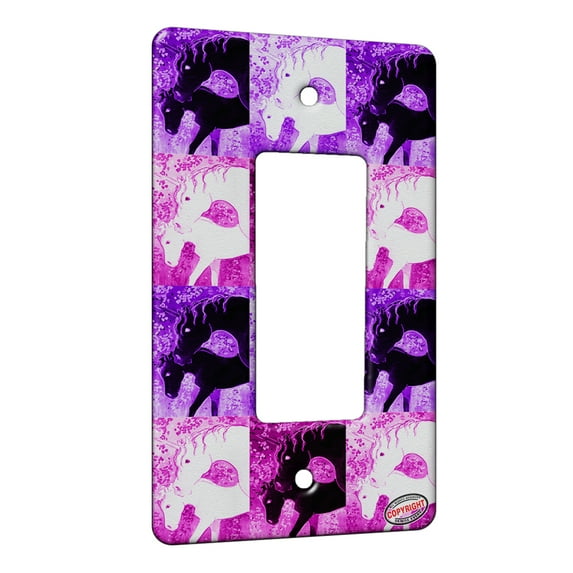 KuzmarK™ 1 Gang Rocker Wall Plate - Unicorn Mare and Foal with Red Roses Fantasy Horse Pink Pattern Art by Denise Every